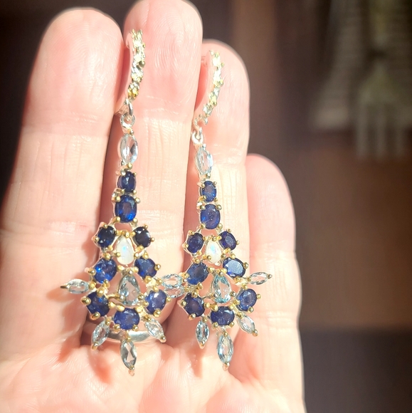 Sapphire Topaz & Moonstone ornate sterling & gold earrings - Picture 2 of 8